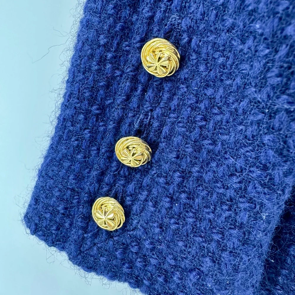 CHANEL Vintage Chanel Boutique Blue Bouclé Jacket Pocket Gold Clover Buttons